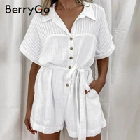 berrygo cotton bat sleeve short jumpsuit white high waist casual female romper solid high street lace up summer v neck jumpsuit