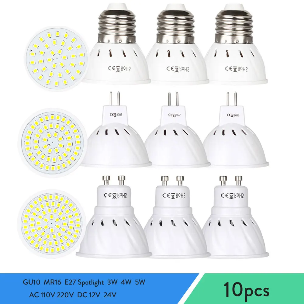 

10Pcs/Lot GU10 3W 4W 5W LED Spotlight MR16 Lamp Spot light Bulb E27 Led lampara bombillas gu 10 2835 Light 12V 24V 110V 220V