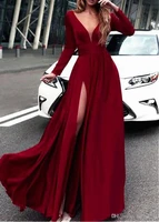 sexy dark red long prom dresses 2021 long sleeve v neck floor length backless evening gowns formal women special occasion party