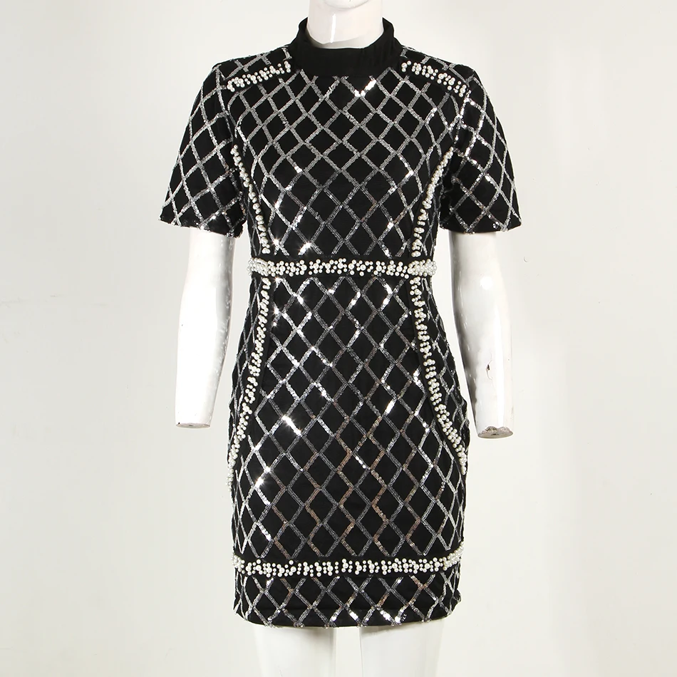 Модное женское платье с блестками и бусинами облегающее мини круглым вырезом