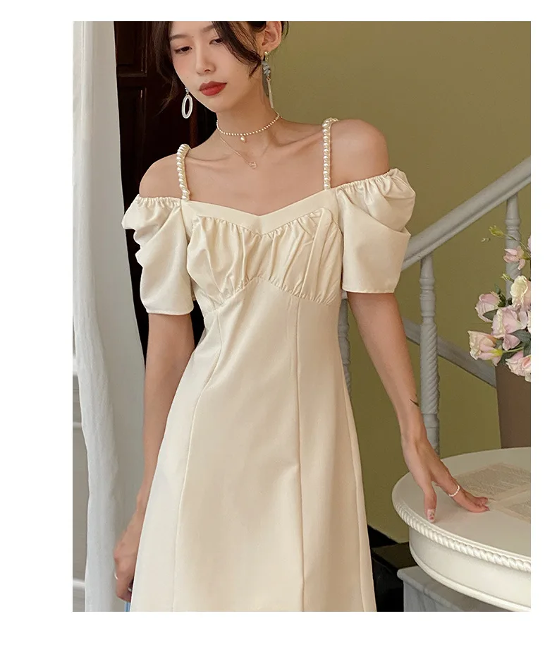 

French Pearl Sling Dress Women's 2021 Summer New High-waisted Shoulder Short Skirt Women Dress Dresses