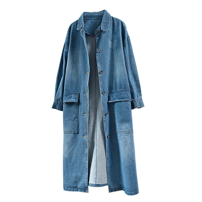 

Autumn Women Casual Loose X-Long Denim Trench Coat Female Jean Overalls Plus Size Vintage Coat Big Pockets Cardigan AA202S30