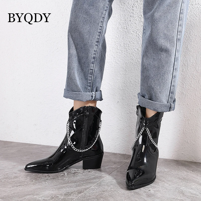 

BYQDY Fashion String Bead Metal Chain Woman Boots Ankle Patent Leather Pointed Toe Square Heels Ladies Zip Shoes Size 34-40