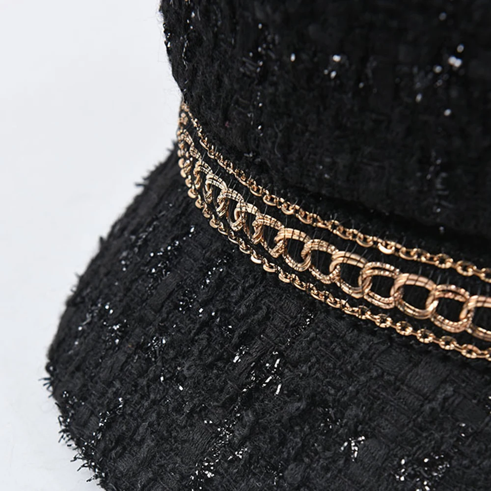 

Women Tweed Caps Newsboy Chain Black Beret Visor Military Flat Cap Female Autumn Winter Vintage French Style Hats