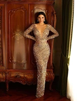 sparkly sequined mermaid prom dresses deep v neck long sleeve beading evening gowns sweep train formal party dress vestido de no