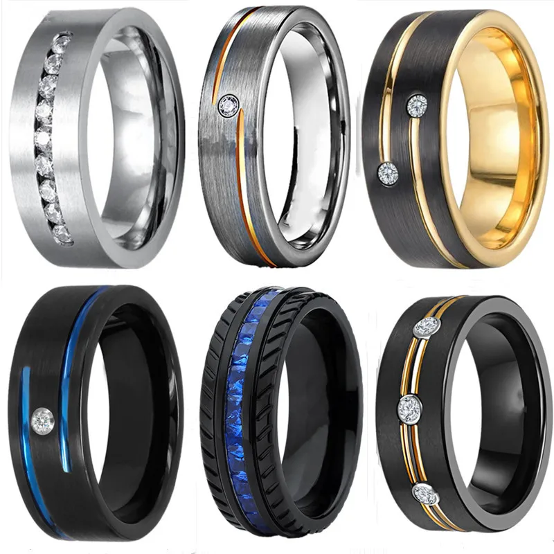 Luxury Men's Fashion Black Tungsten Carbide Ring Gold Plated Grooved Line AAA Cubic Zirconia Wedding Band 8mm Men's Jewelry