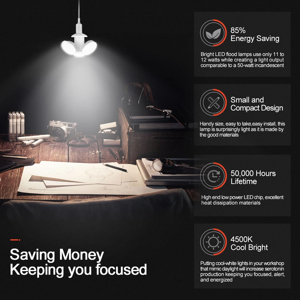 Светодиодный светильник для гаража s деформируемый 40 Вт подвальный E27