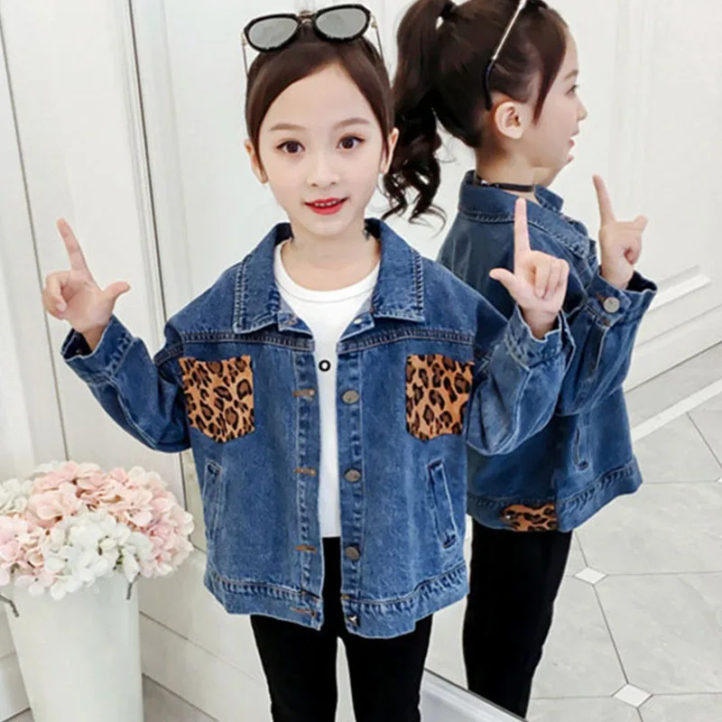 

Leopard Print Pocket Patchwork Jeans Jackets For Baby Big Girls Long Sleeve Single Breasted Denim Autumn Coat Children Tops Kids