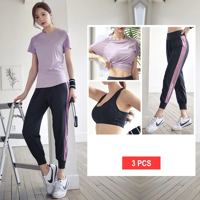 Purple Женский костюм для йоги, комплект из 3 предметов, одежда для фитнеса, спортивная одежда для женщин, спортивная одежда для тренировок, спортивная одежда для бега, йоги, гимнастический костюм, наборы - Цвет: Purple