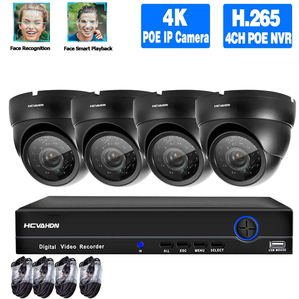 

4K POE Dome Camera System Set Black 5MP Home CCTV Camera Security System Kit 4ch NVR Kit Night Vision Video Surveillance System