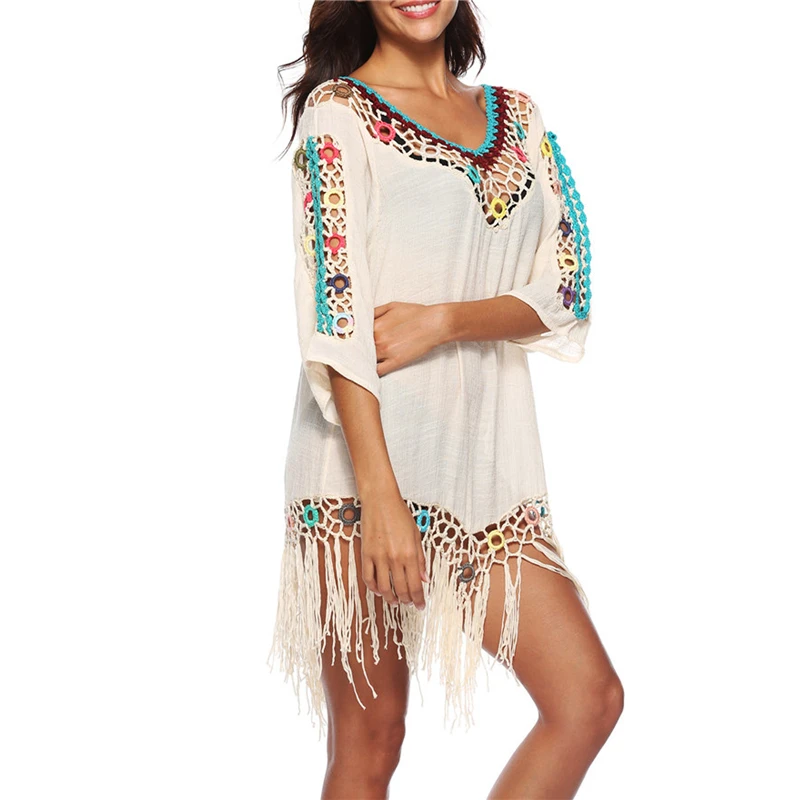 

Hot Sale Fashion Women's Cover Ups, 3/4 Sleeve Hollow-Out V-neck Fringed Beach Cover Ups Dress for Vacation Travelling Wholesale