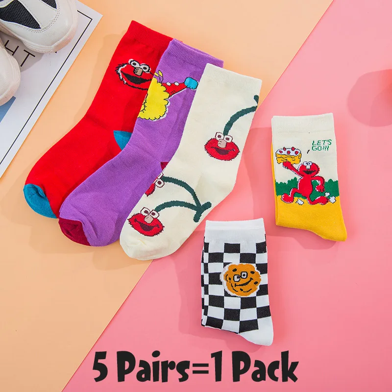 5 Pairs-6 5 пар Женские Мультяшные шикарные движения скейтборд хлопчатобумажные носки Улица Сезам длинные носки искусство женский персонаж милый хипстер Мода - Цвет: 5 Pairs-6