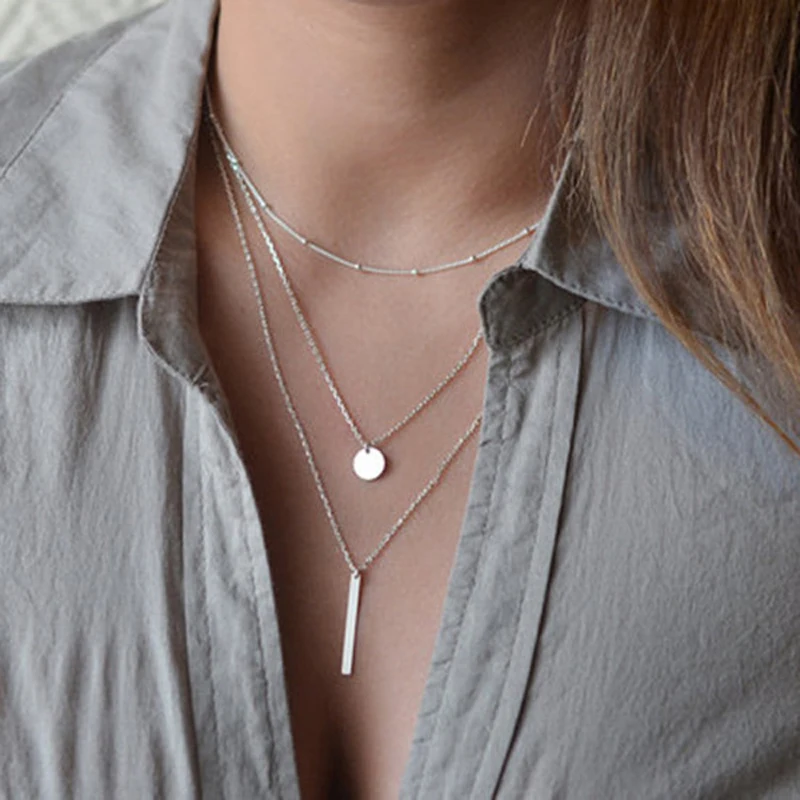 

2021 New Fashion European Simple Gold Silver Plated Women Jewelry Collar Multi Layers Bar Coin Necklace Clavicle Chains