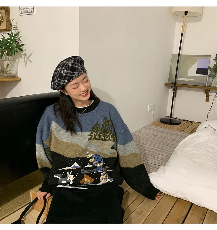 Woherb Pull Femme, осенне-зимний вязаный свитер в стиле Харадзюку, Женский контрастный пуловер с мультяшной вышивкой, джемпер, корейские свитера