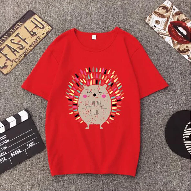 Женская футболка с принтом ЁЖ облегающая из хлопка и спандекса коротким рукавом