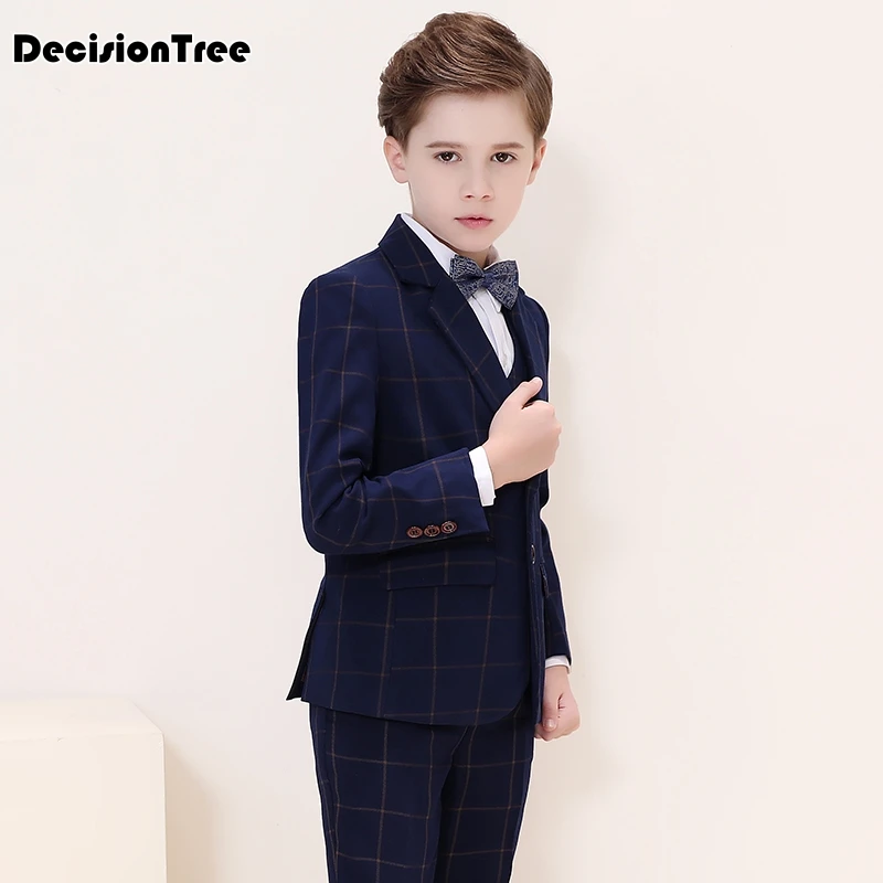 2021 New Children's Flower Boys Formal Suits For Weddings Boys Plaid Blazer Vest Pants Tuxedo Kids Gentleman Party Clothing Sets