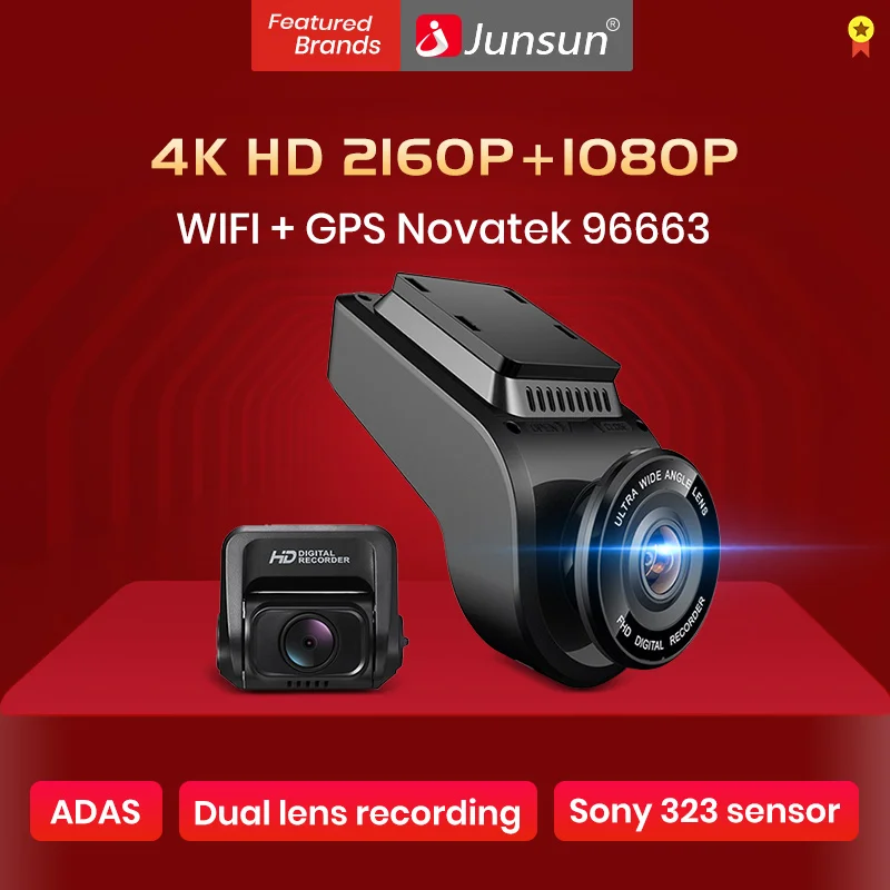 Junsun 4 к 2160 P Ultra HD автомобиль видеорегистратор двойной объектив Dashcam Встроенный gps трекер ночное видение камера с 1080 170 сзади камер