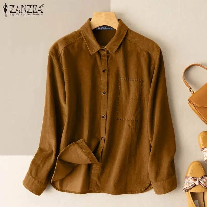 

Women Corduroy Shirt ZANZEA Fashion Long Sleeve Tops 2021 Autumn Oversized Chemise Female Casual Lapel Blouse Lady Vintage Blusa