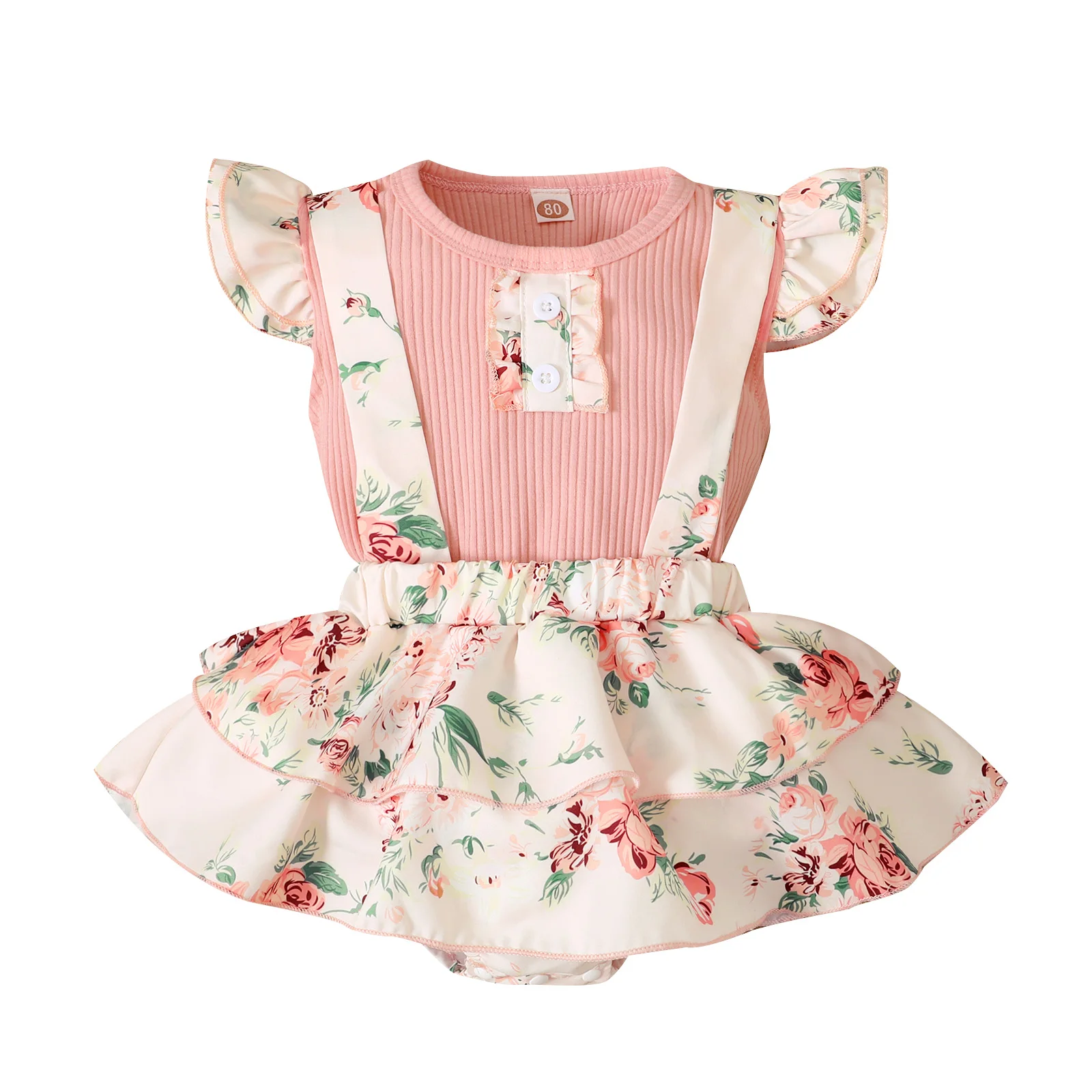

2021 Summer Newest Baby Girl\u2019s Casual Two Piece Suit Fashion Ribbed Fly Sleeve T-shirt and Flower Suspender Shorts