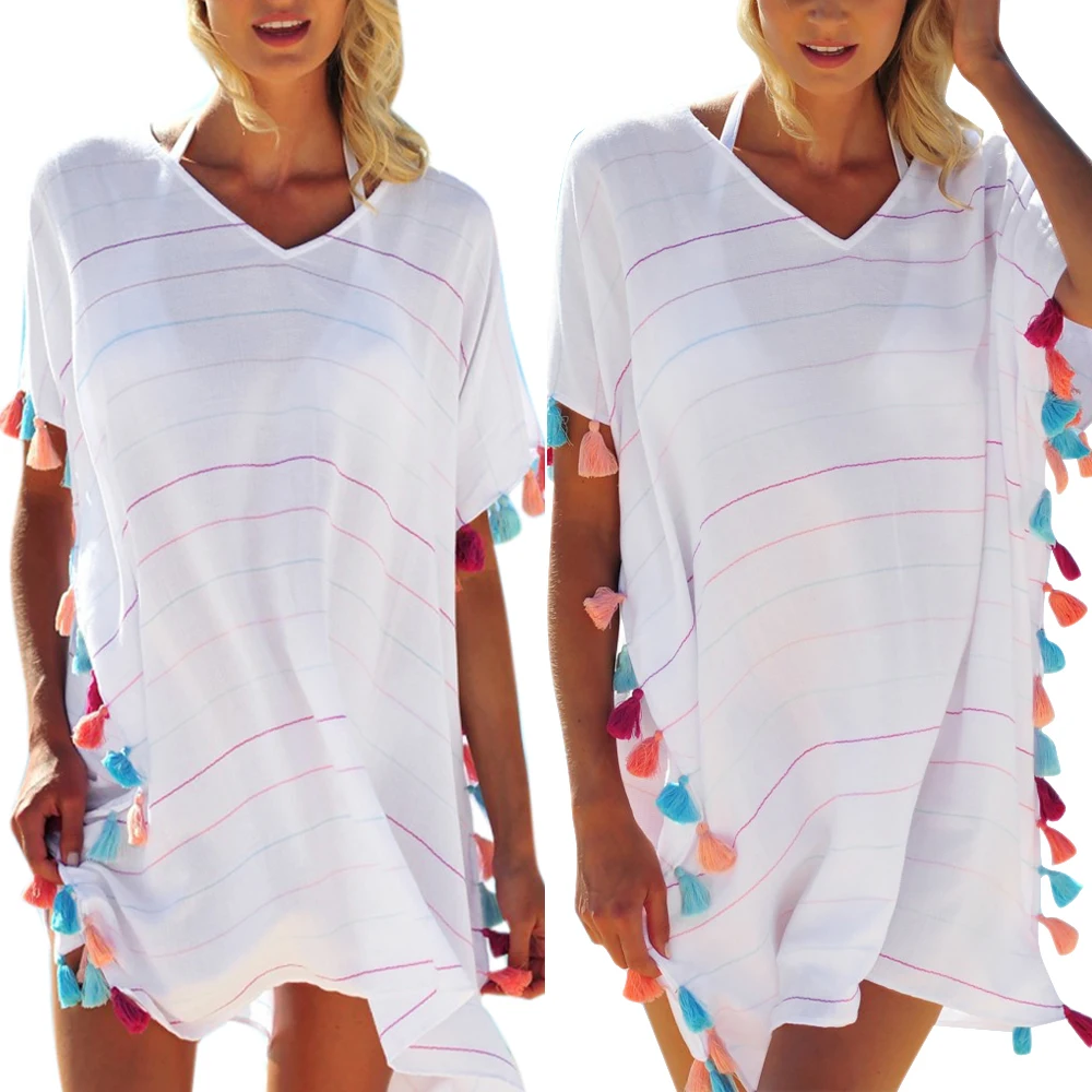 

Plus Size Beach Wear Tassel Swimwear Cover Up Women Short Sleeve Solid White Shirt Dress Beach Cover Up