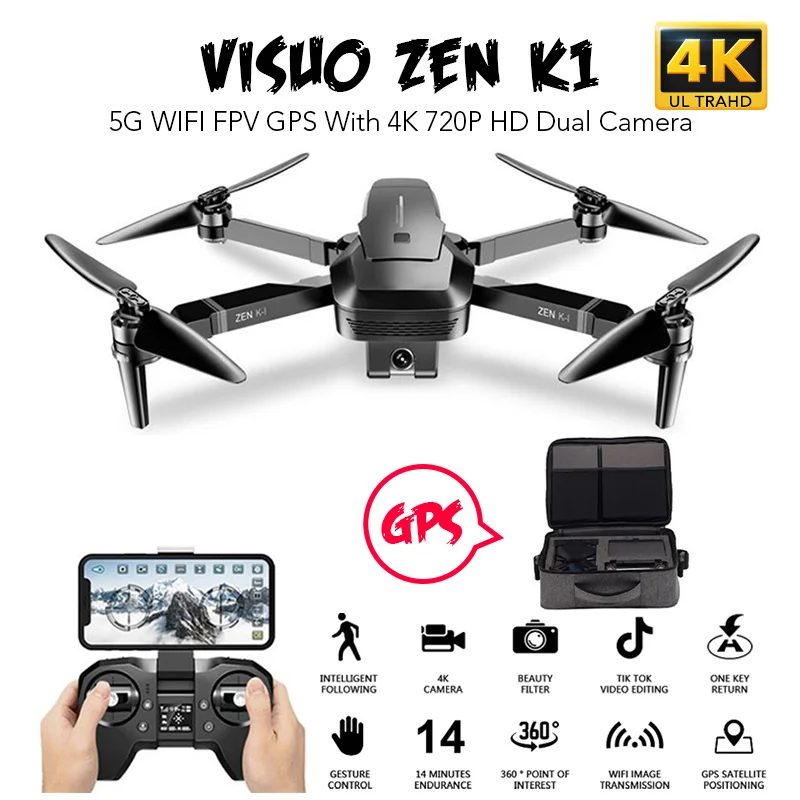 

Квадрокоптер VISUO ZEN K1, Радиоуправляемый, складной, с Wi-Fi, FPV, GPS, 4K, 720P, HD, двойная камера, 30 минут полета, VS XS812 F11
