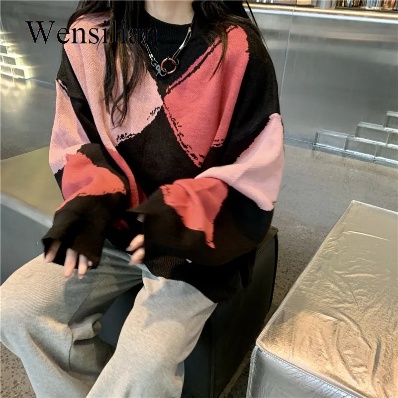 

Winter Sweater Women Oversized Knitted Argyle Sweater Female Streetwear Korean All Match Jumpers Girls Fashion O-neck Pullover