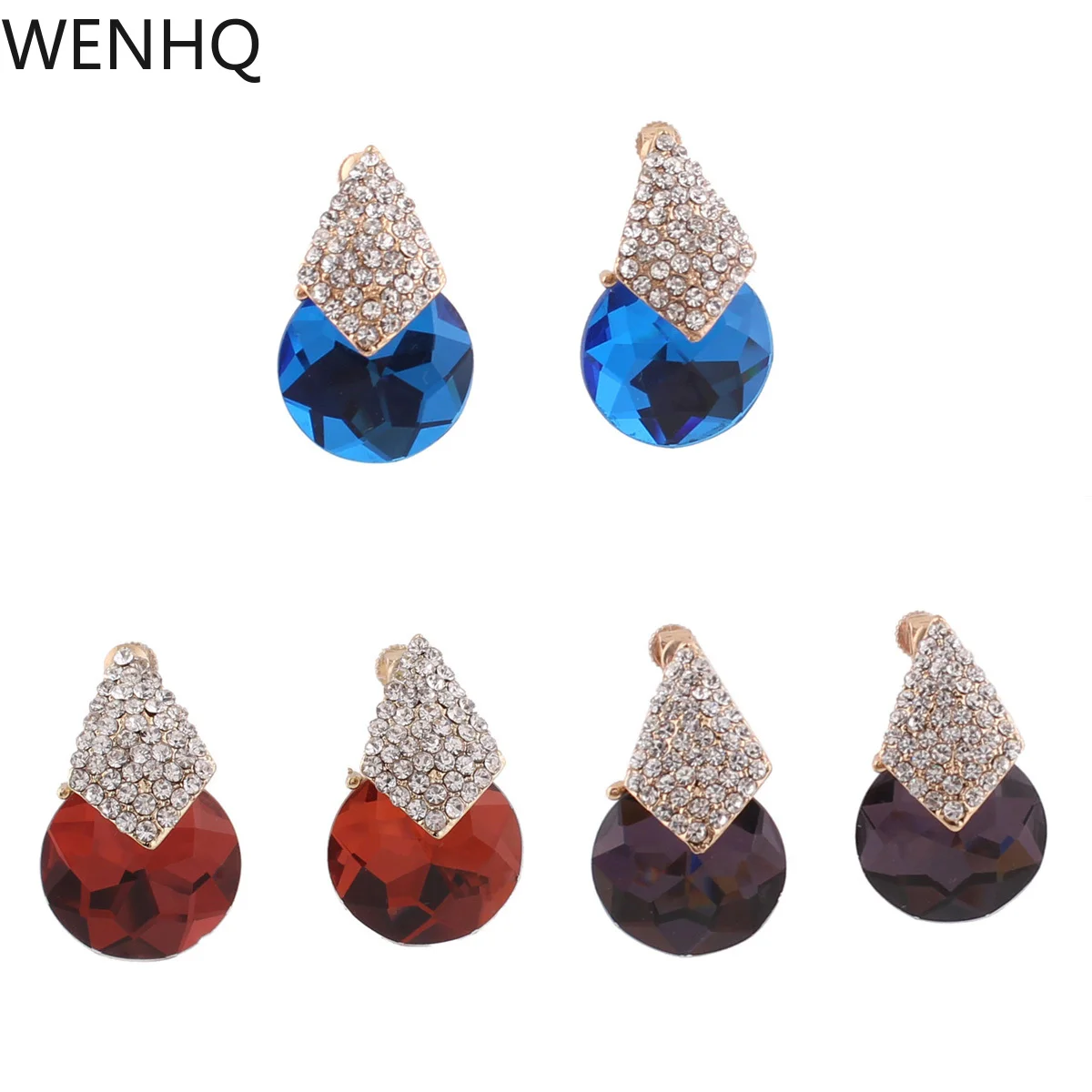

WENHQ Big Crystal Screw Clip on Earrings No Pierced Fashion Rhinestone Clips Gold Color Hypo-Allergenic Earrings High Quality