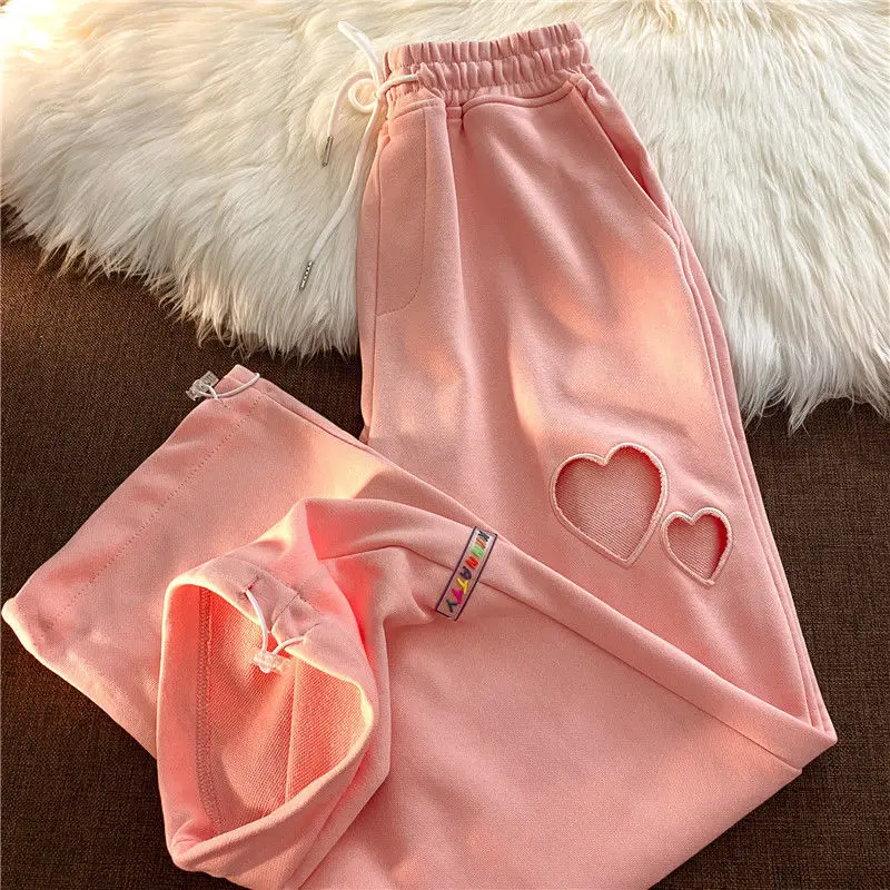 

INS Hollow-out Design Love Ripped Straight Pants Summer Thin Loose Slimming Casual Sweatpants Fashion