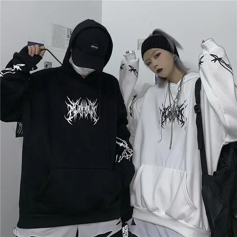 

Female Korean Version Of The Retro Dark Gothic Style Thorns Print Plus Velvet Hooded Loose Large Size Hip-hop Y2k Met Itself