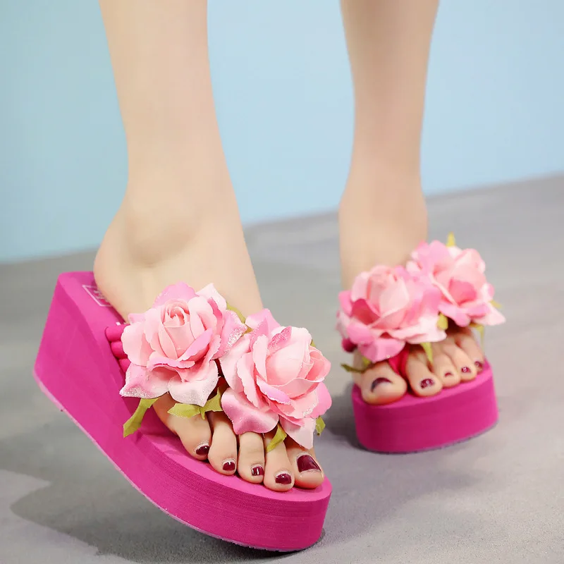 

Ladies Summer Fashion Korean Style Slope with Cute Slippers Female Non-slip High-heeled Flowers Flip-flops Platform Beach Shoes