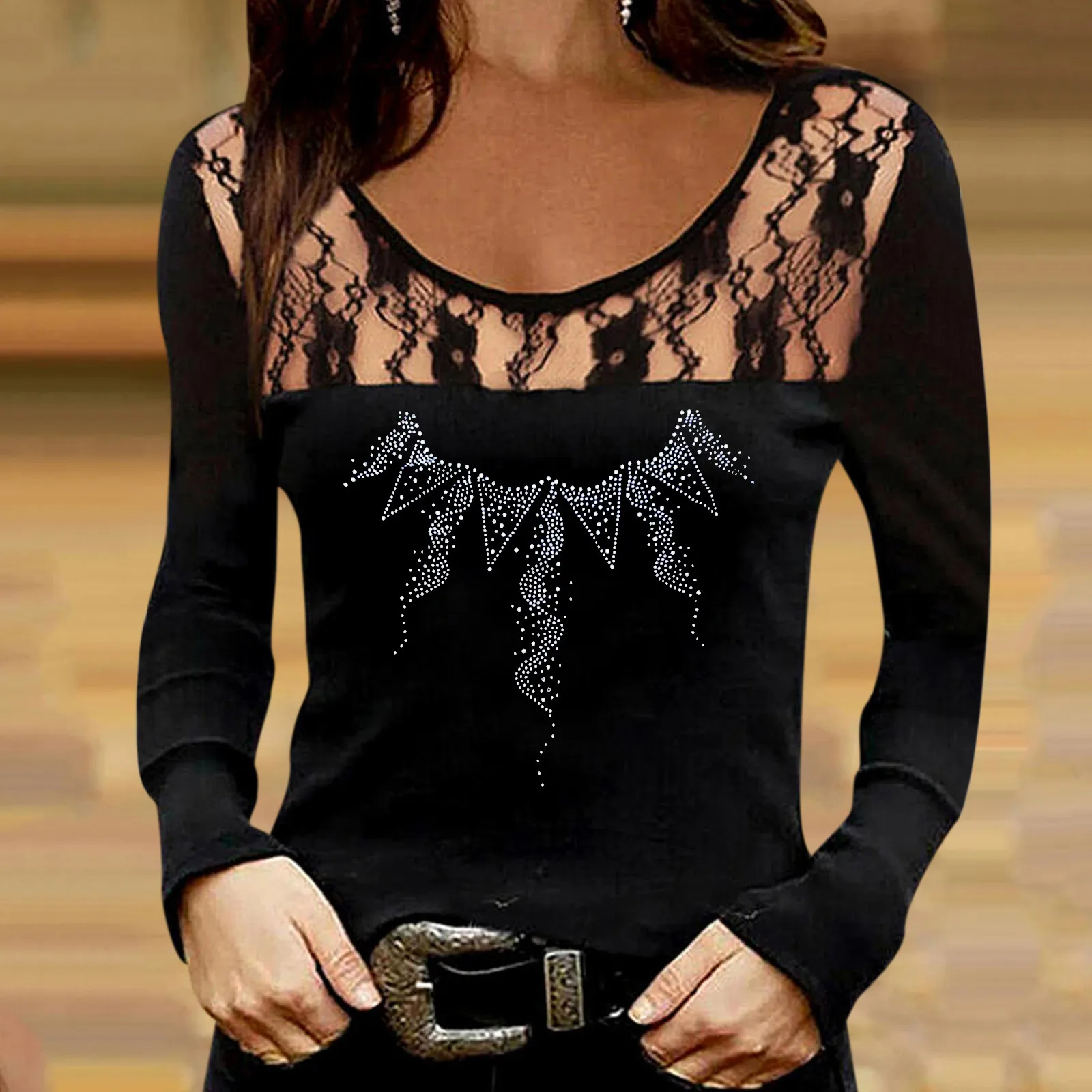 

Женская облегающая футболка Стразы, эластичный сексуальный пуловер с оборками и круглым вырезом, с длинным рукавом, в стиле пэчворк, Топ