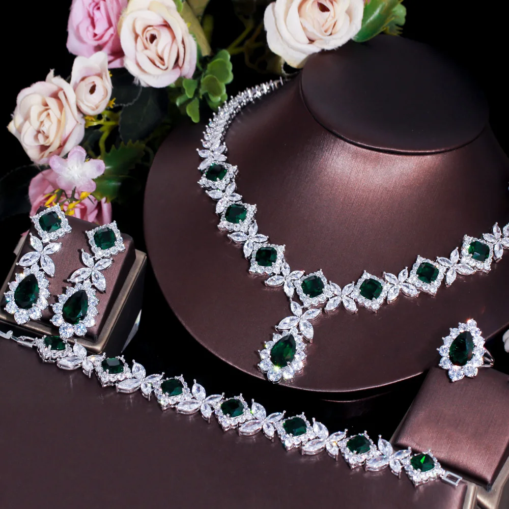 CWWZircons Luxury Big Green CZ Women Wedding Costume Jewellery Necklace 4 pcs African Dubai Bridal Party Jewelry Sets T597