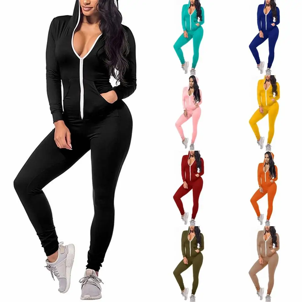 

Sexy Hooded Women Jumpsuits Romper Tracksuit Black Red Yellow Orange Blue Pink Khaki Long Sleeve Sport Women Clothing