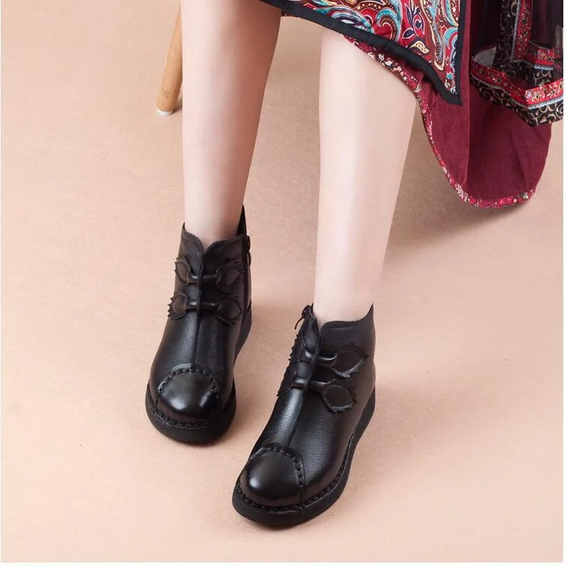 

BEYARNEAutumn winter new thick bottom Genuine Leather ankle boots hand-stitched shoes roundhead comfortable Platform mother warm