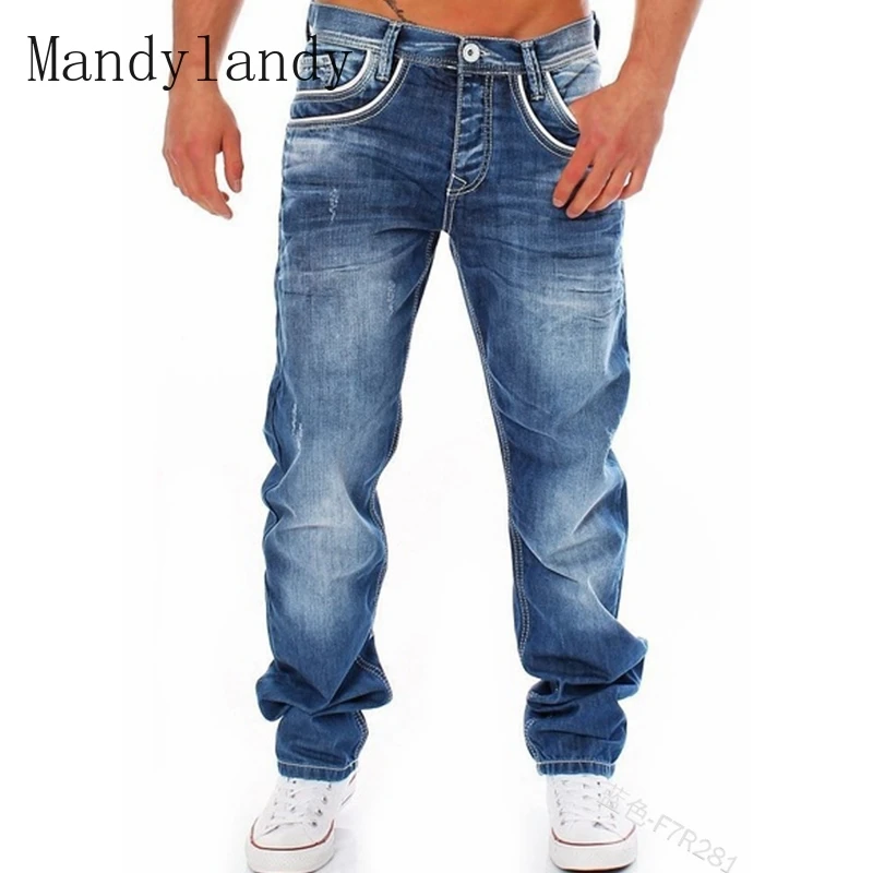 

Mandylandy Jeans Spring and Autumn Fashion Mid Waist Denim Straight-Leg Pants Men's Casual Pocket Solid Color Jeans