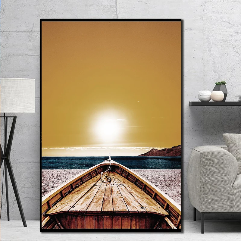 Картина на холсте для гостиной HD Золотая лодка и закат дом в снегу картина
