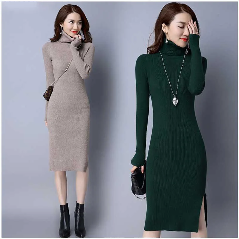 

warm autumn winter meduim long women sweater dress split side turtleneck robe female elasticity slim bodycon knit long dress