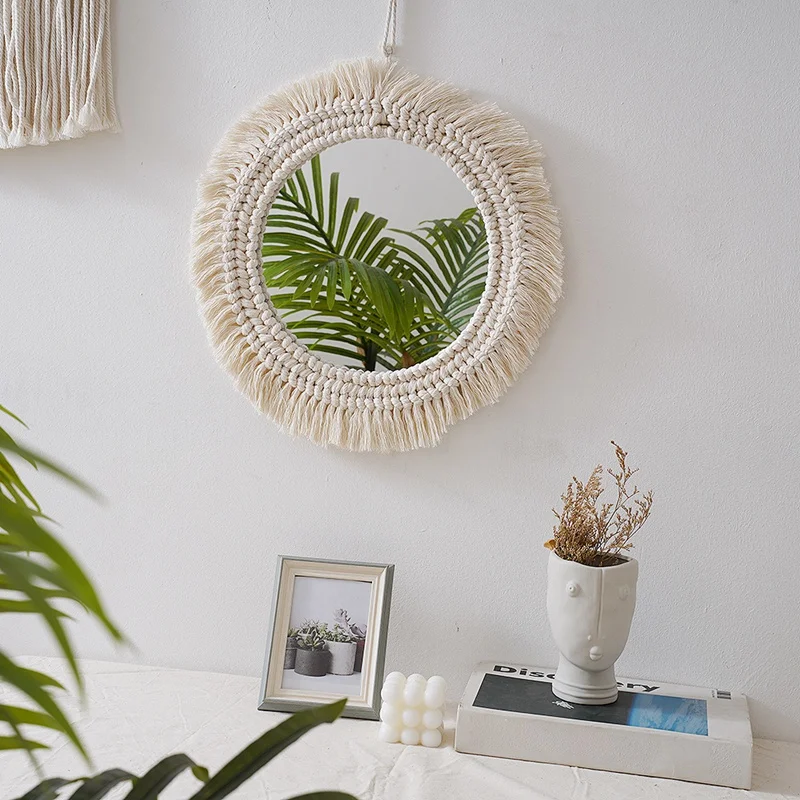 

Macrame Hanging Wall Mirror with Boho Fringe Round Decorative Mirror for Apartment Bedroom Living Room Home Decor