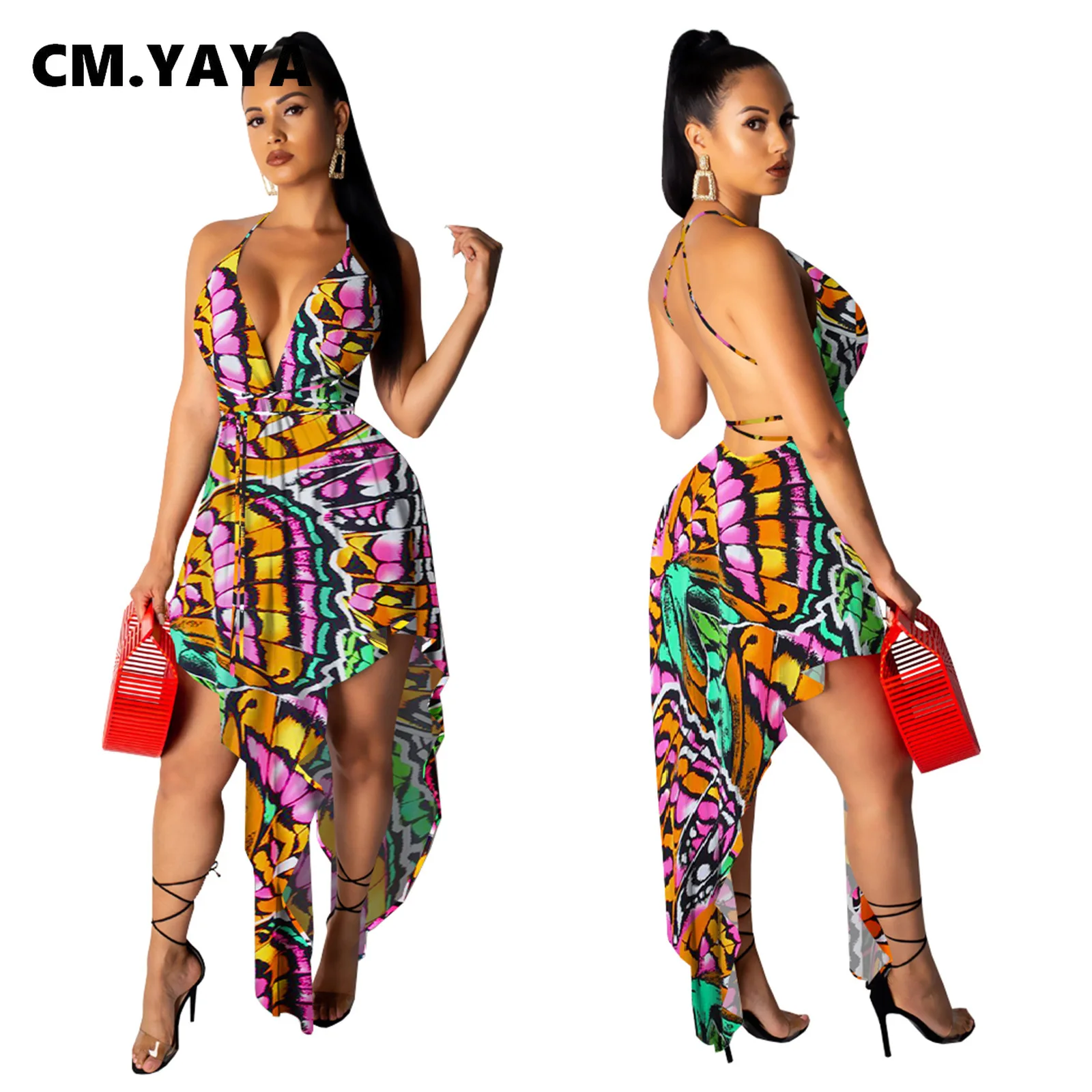 Женское платье макси с лямкой на шее длинное в разноцветную полоску глубоким V