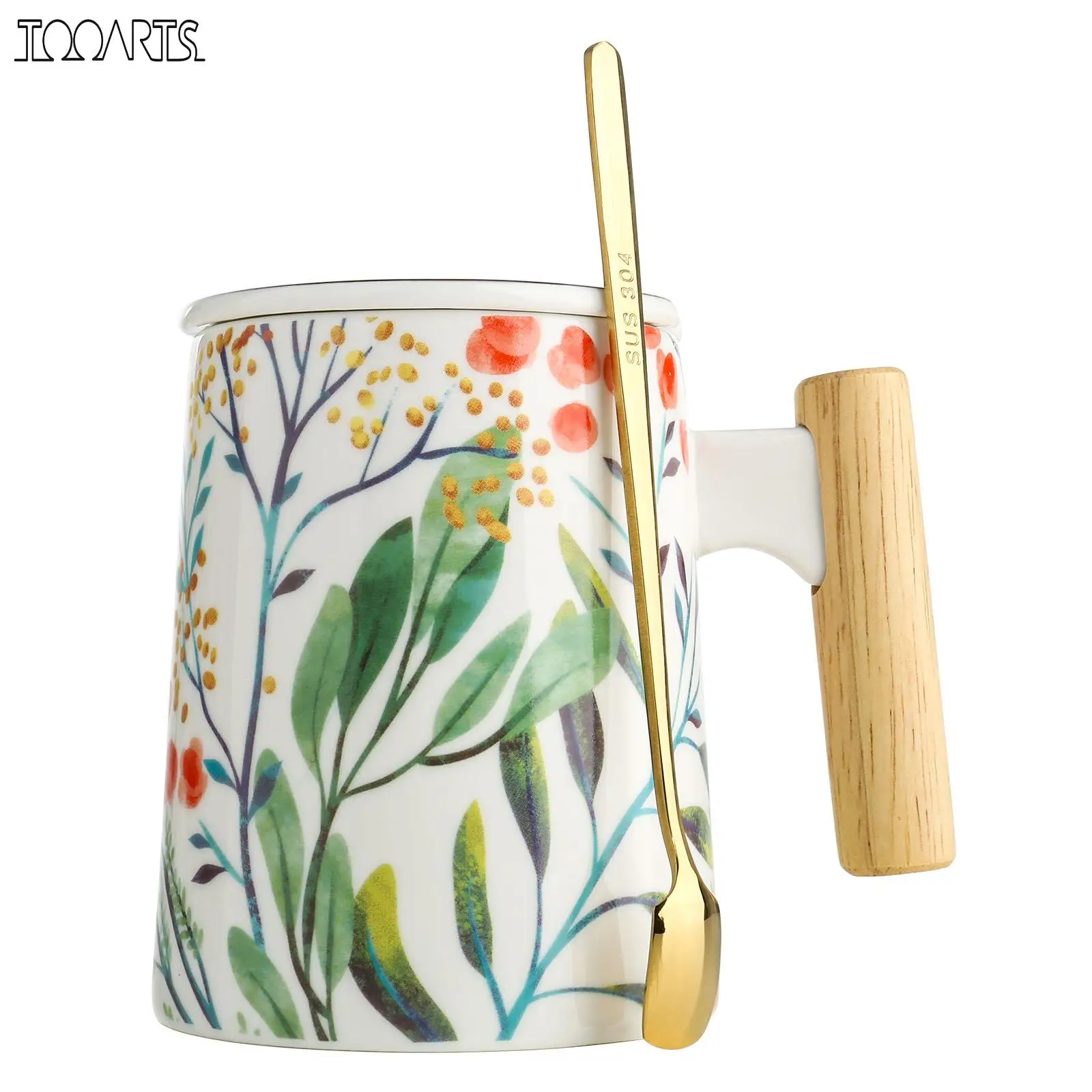

Кружка Tooarts с крышкой, керамическая чайная чашка, кофейная чашка, кружка с деревянной ручкой, 304 стальная ложка, подарочные упаковочные чашки
