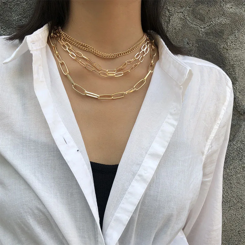 

Multilayer Punk Mashup Gold Color Chain Necklace Hip-Hop Geometric Metal Creative Choker Chain Fashion Jewelry Accessories