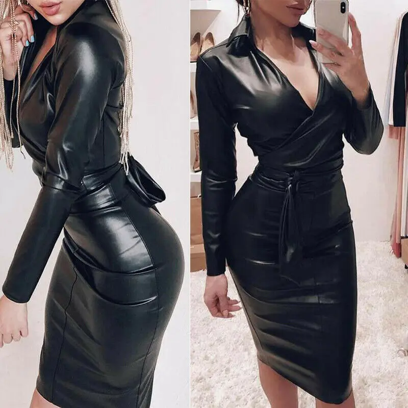 

2020 New Sexy Women PU Leather Dresses Sheath Dress Deep V Neck Faux Leather Long Sleeve Dress Streetwear