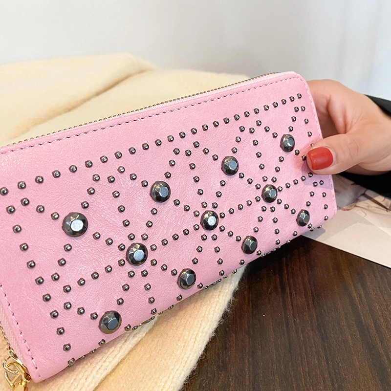 

Women's Long Wallet Zipper 2022 PU New Handbag Korean Black Rivet Retro Trendy Girl Sac