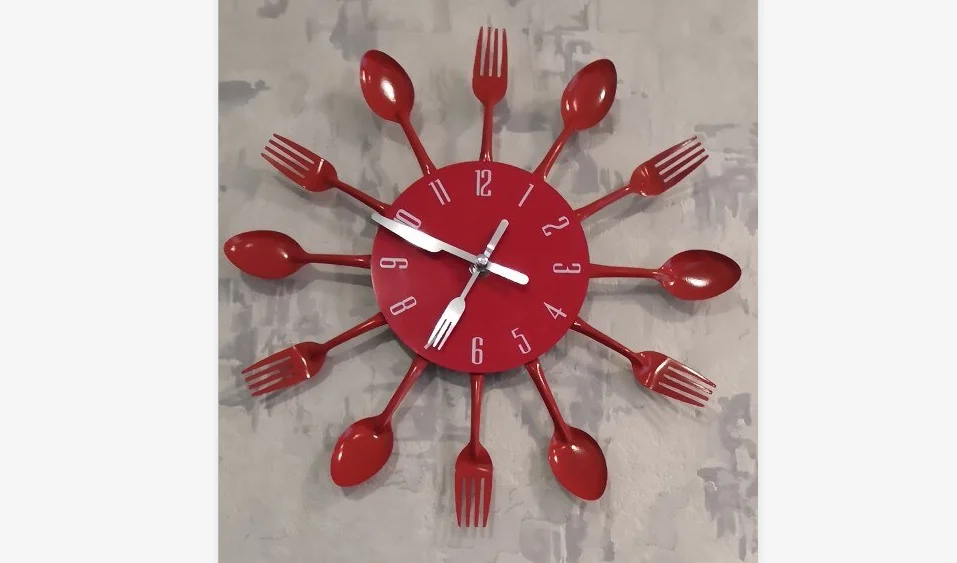 

Home Decorations Noiseless Stainless Steel Cutlery Clocks Knife And Fork Spoon Wall Clock Kitchen Restaurant Home Decor Red