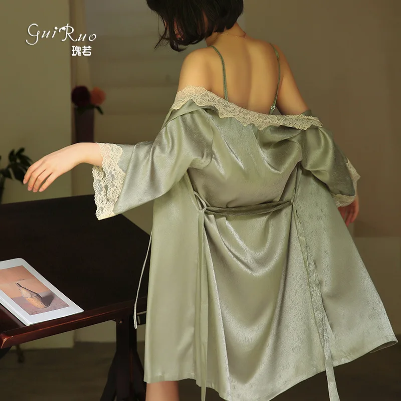 Spring Autumn New Style Women's Sexy Open Front Imitation Silk Lace French Bathrobe Nightgown Home Clothes Lace Sexy Nightdress