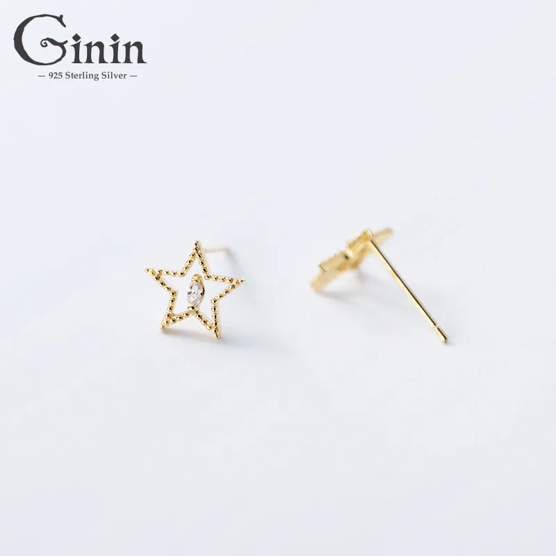 

Ginin 100% 925 Sterling Silver Simple Luxury Hollow Five-Pointed Star Zircon Stud Earrings for Women Girl Student Party Jewelry