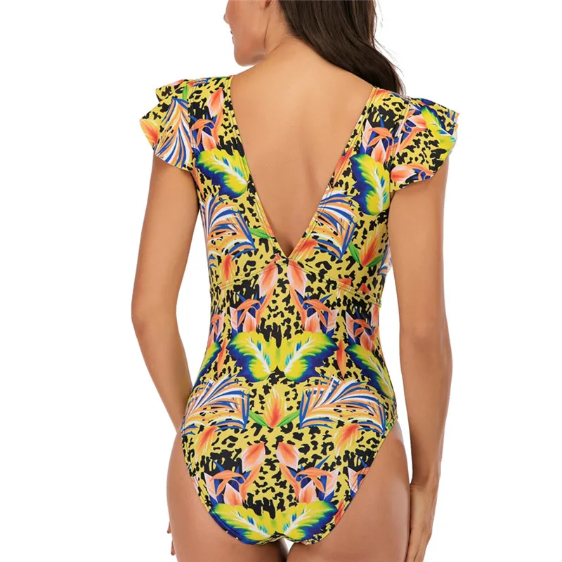 Слитный купальник с леопардовым принтом женский купальный костюм рюшами и