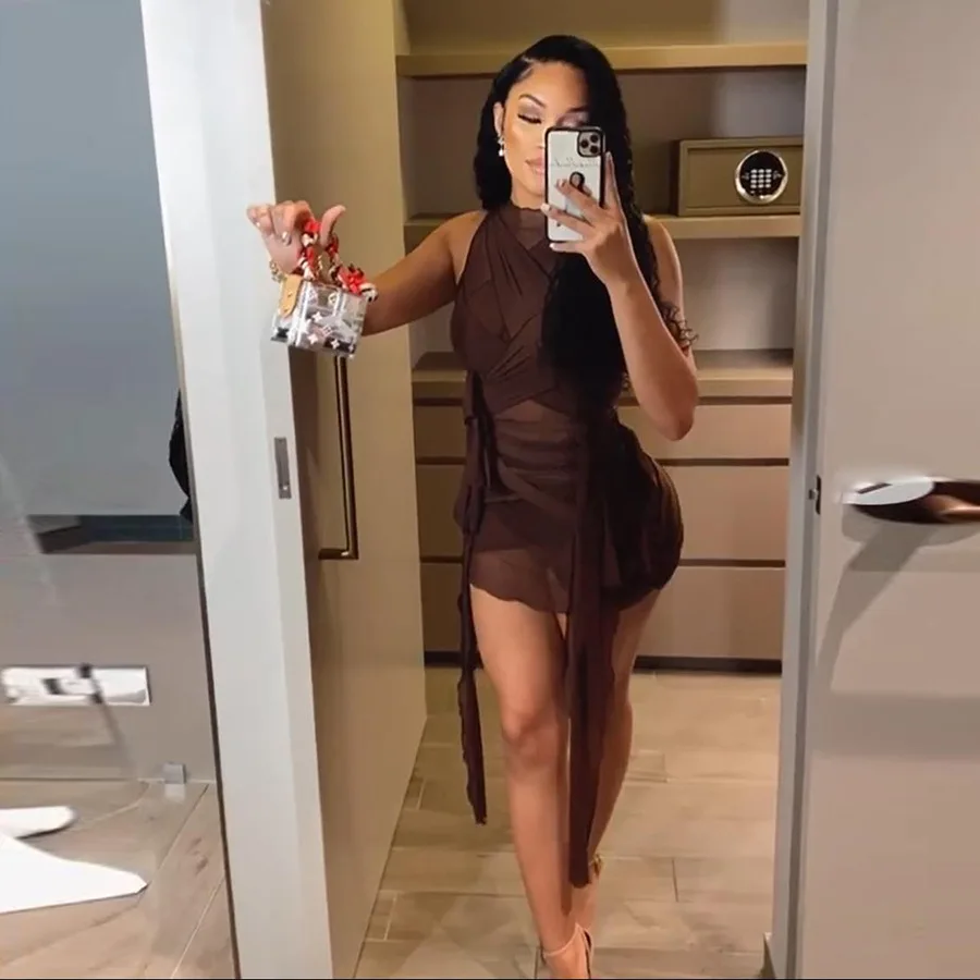 Сексуальное облегающее платье с лентами женское Сетчатое прозрачное Бандажное