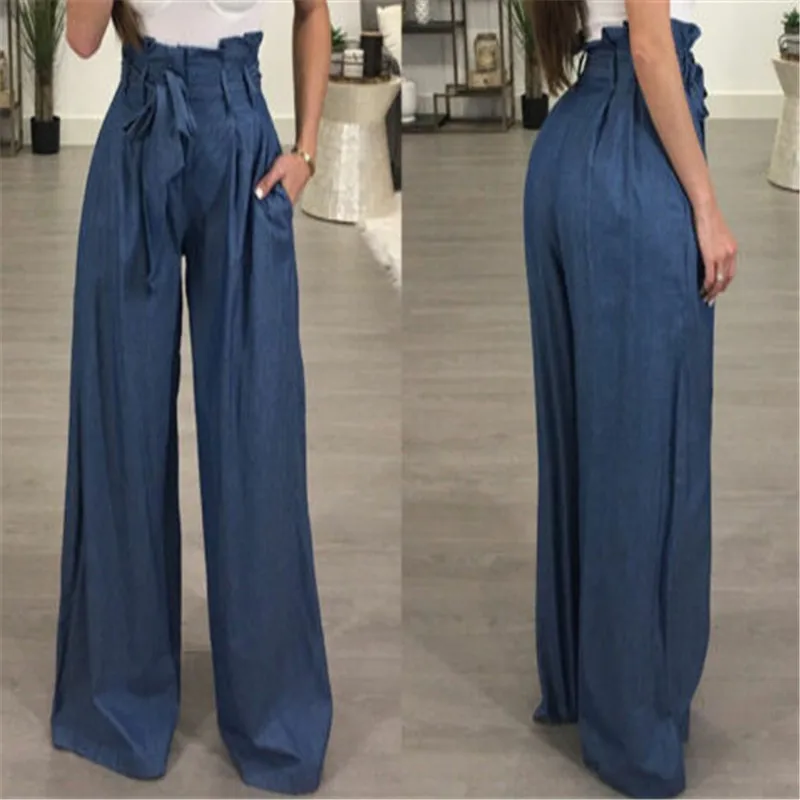 

New Fashion Women Casual High Waist Ruffles OL Lady Trousers Denim Look Wide Leg Long Pants