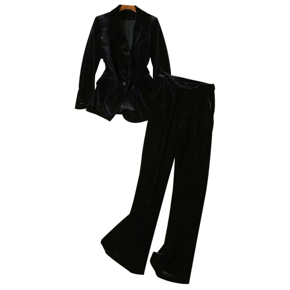 

Ailigou New Fashion 2021 Summer Designer Pants Suit Set Ladies Elegant Solid Velvet Blazer Jacket And Wide Leg Suit Pants Set